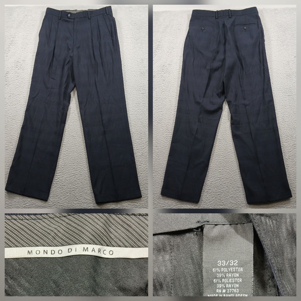 Mondo Di Marco Pleated Dress Pants Mens 33x32 Navy Blue Rayon Blend Slacks EUC